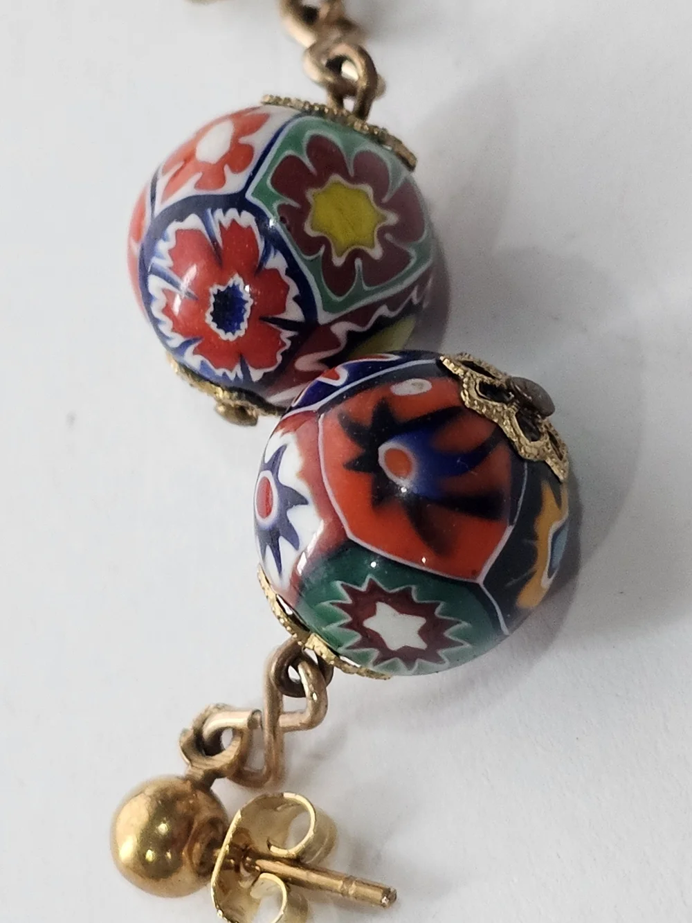 Gold-Tone Multicolor Millefiori Glass Drop Earrings. Murano ~ Vtg Pierced